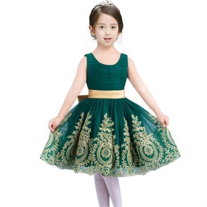 Gold Appliques Green Tulle Flower Girl Dress..