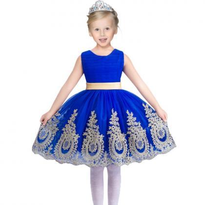 Gold Appliques Royal Blue Tulle Flower Girl Dress..