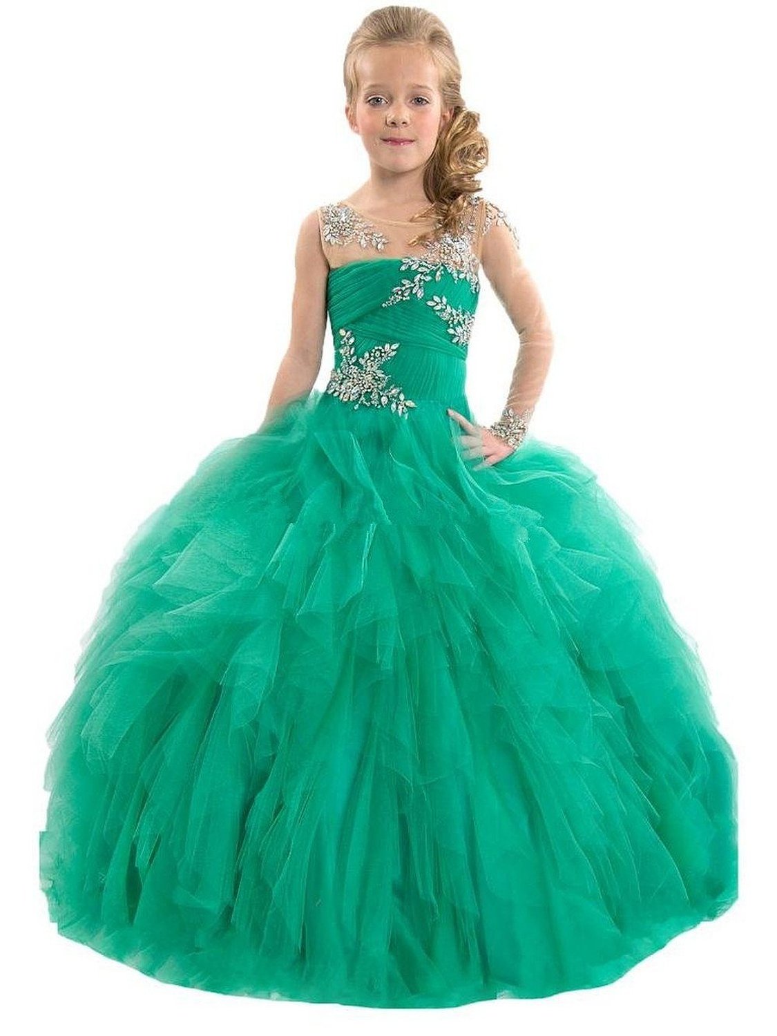 Beaded Girls Pageant Ball Gowns Long Dance Prom Party Dress Flower Girl Dresses