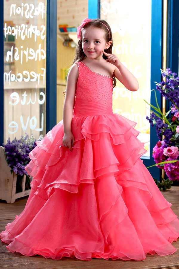 A-line Floor-length One-shoulder Ruffles Flower Girl Dresses Girls First Communion Dress Party Pageant Dress For Girl