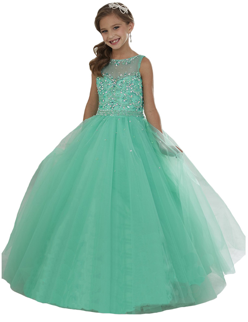 Crystal Beading Girls Pageant Dresses Mint Green Tulle Flower Girls Christmas Dress Party Ball Gowns