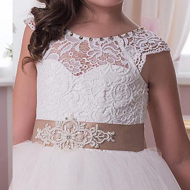 Princess White Pink Flower Girl Dresses Lace Appliqued Bow