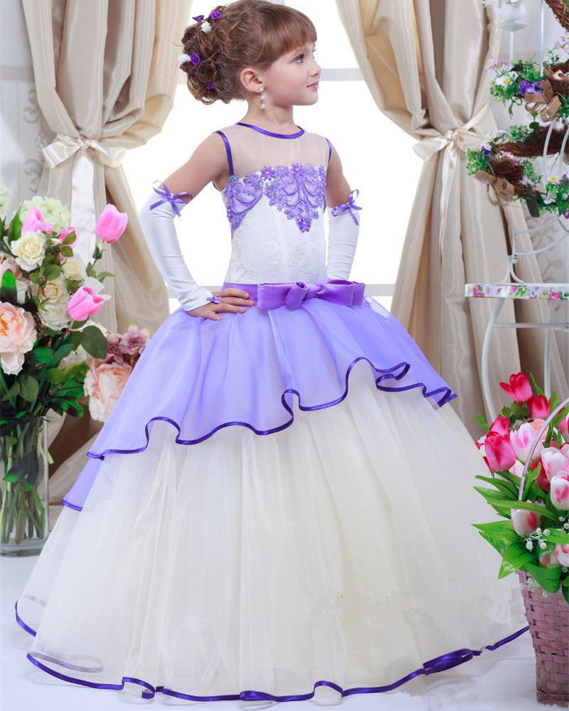 Kids Princess Bridesmaid Flower Girl Dresses Lace Appliques Beads Prom Ball Gowns