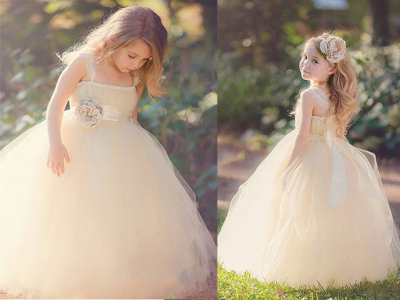 Champagne Flower Girl Dresses Princess Kids Pageant Party Gown Ball Gown Tulle Baby Party Prom Wedding Bridal Pageant Gowns