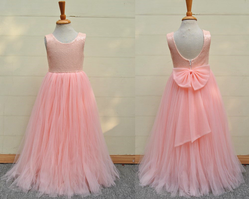 Blush Pink Sequin Tulle Flower Girl Dress Stunning Girl Party Dress With Bow V-back Dress Custom Made Dress