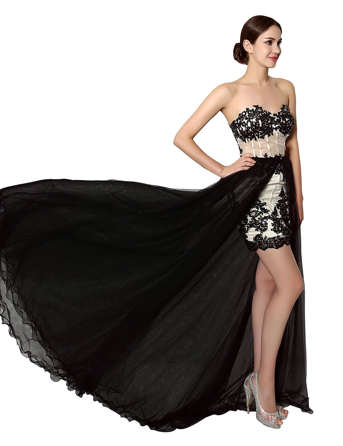 Sheath Beaded Black Lace Applique Prom Dress With Detachable Tulle