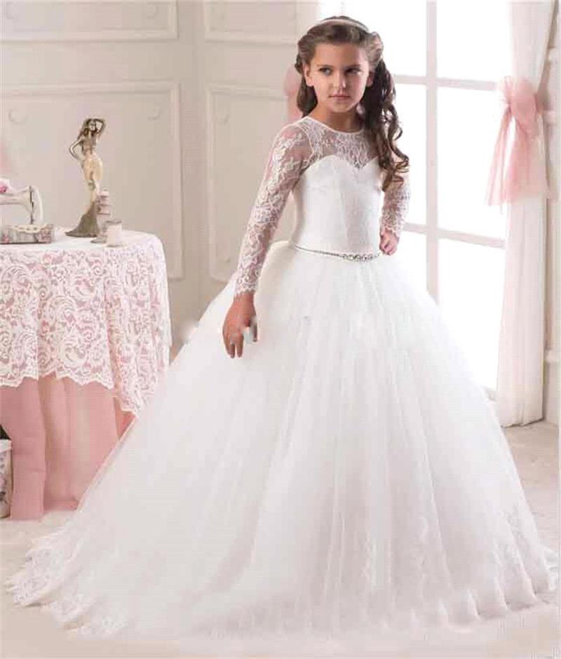 Ball Gown Lace Top Flower Girl Dresses Long Sleeves White Ivory