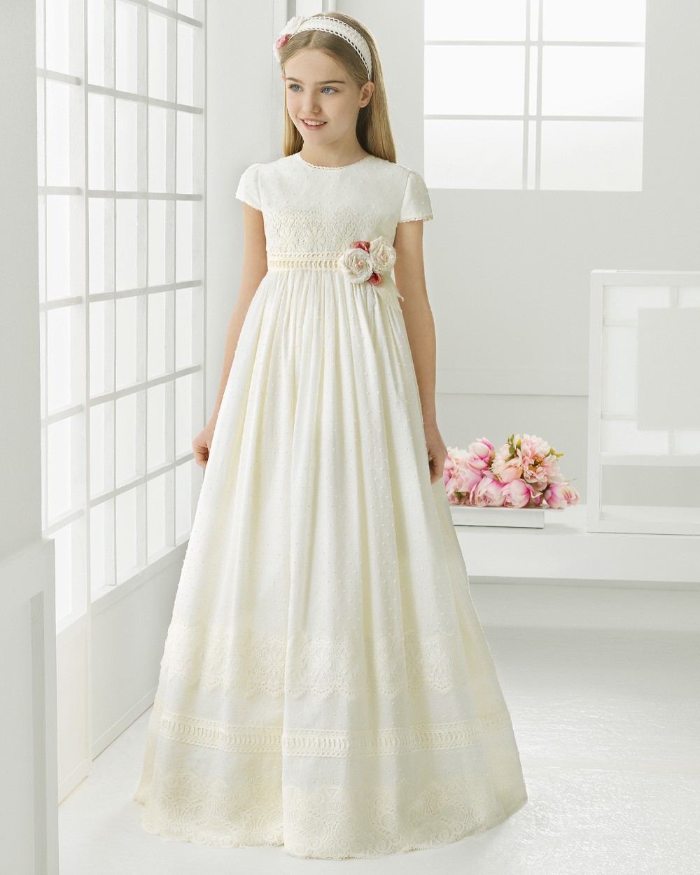 2016 Girls Long First Communion Dresses Floor Length Cap Sleeves ...