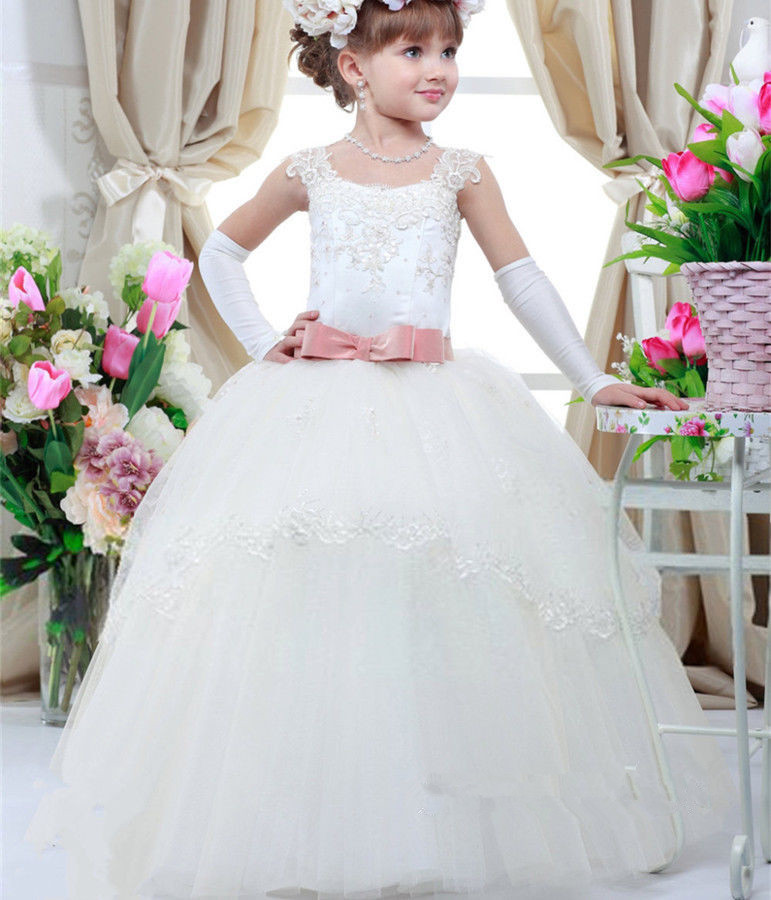 Princess Lace Flower Girl Dresses Tutu Party Birthday Ball Gown Bow ...