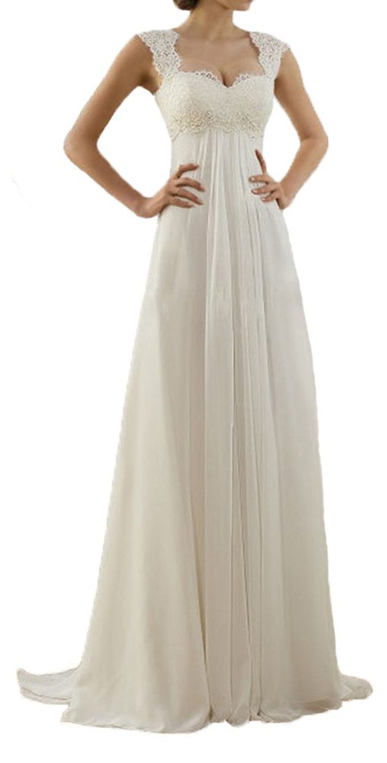 Elegant Cap Sleeves Empire Waist Lace Chiffon Beach Wedding Dress Key Hole Corset Back Dress 3721