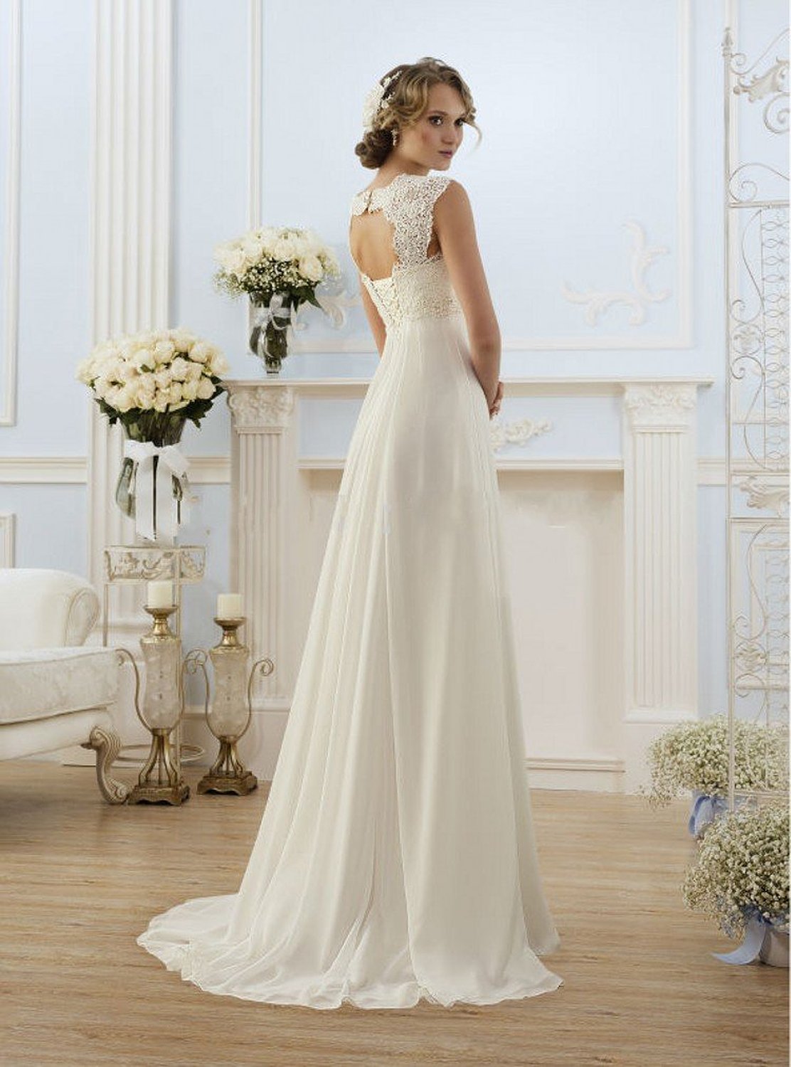 Elegant Cap Sleeves Empire Waist Lace Chiffon Beach Wedding Dress Key Hole Corset Back Dress 5318